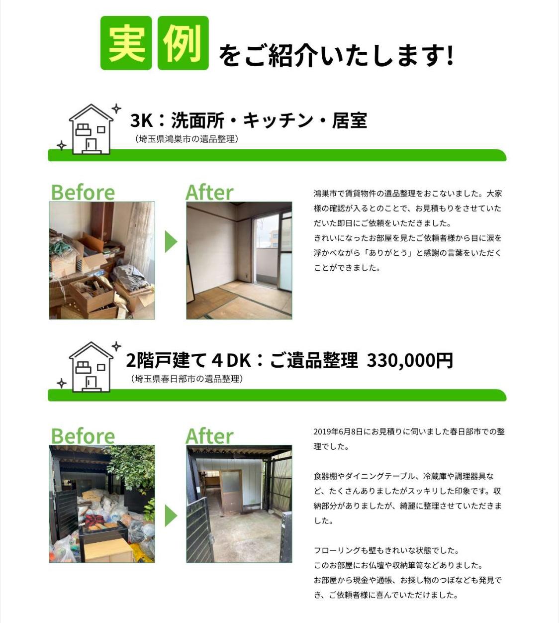実例をご紹介いたします。２階戸建て４LDK：ご遺品整理330,000円